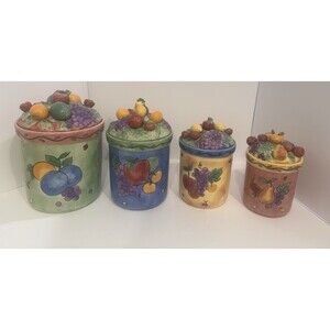 Sango Sangria 3075 Ceramic 4Pc Complete Canister Set Hand Painted Fruit Jars EUC
